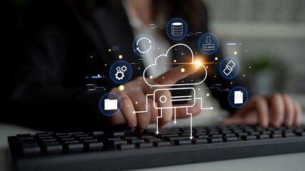 A cloud storage and data synchronization service ecosystem. A concept of cloud computing for file storage, backup, and sharing across devices. Motif