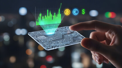 Hand digital card finance stock market graph cryptocurrency bitcoin euro dollar icon technology city night light