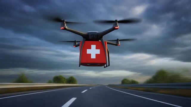 Quadcopter drone flying over highway delivering emergency medical supply box, red medical symbol on package, dramatic sky, fast motion, wind movement, motion blur, hyper realistic 3D render, cinematic