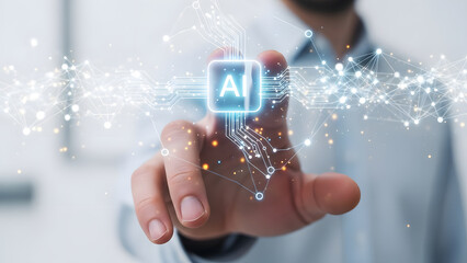 Hand finger touch ai icon neural network connection light digital intelligence future technology system automation brain data