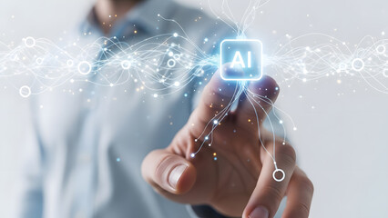 Finger touch ai chip neural network connection glow digital intelligence future technology system automation logic brain data