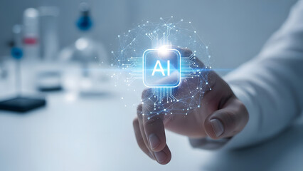 Person touch ai globe neural network connection light digital intelligence future technology system automation logic brain data