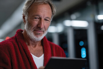 A middle-aged man in a red robe stands indoors, engaged with a digital tablet. His calm expression and the modern setting create a cozy and tech-savvy atmosphere.