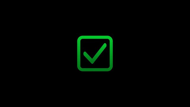 Green Animation check on Alpha Channel background. Green check mark icon on green rectangle animation. Yes sign. Correct vote icon on Alpha Channel  background. Motion graphics.