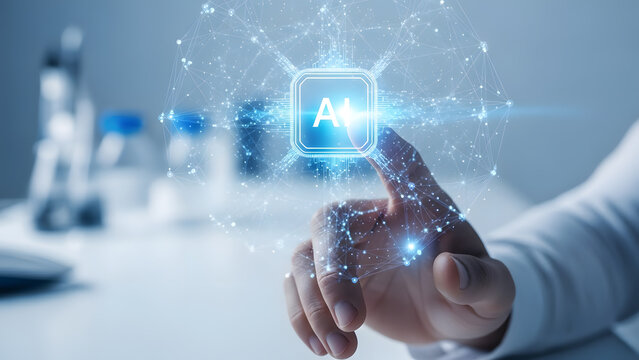 Person touch ai globe neural network connection light digital intelligence future technology system automation logic brain data - Powered by Adobe