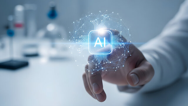 Person touch ai globe neural network connection light digital intelligence future technology system automation logic brain data - Powered by Adobe