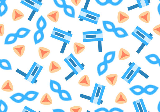 Holiday seamless pattern with Gomenash, hamantash pastry and carnival mask. Purim Background