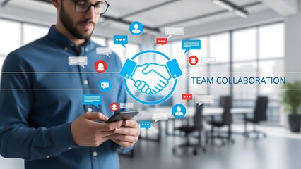 Team collaboration partnership communication network connection handshake man office smartphone technology digital community group meeting career business worker