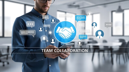 Team collaboration handshake partnership communication network worker man smartphone technology office chat bubble message connection group career professional success