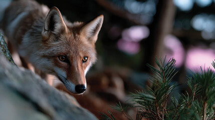 Obraz premium A curious fox peeks through the undergrowth, observing its surroundings, showcasing the blend of wildlife and nature's habitat in a captivating moment of intrigue.