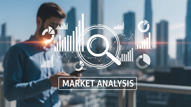 Market analysis data chart stock magnifying glass man smartphone city skyscraper finance trade investment growth business economy professional strategy indicator - Powered by Adobe