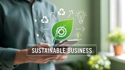 Sustainable business leaf recycle ecology energy green technology worker smartphone office solar power environmental management industry future planet
