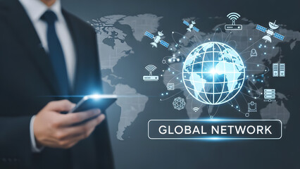 Global network world map communication technology connection man suit smartphone digital planet earth satellite internet distribution business international