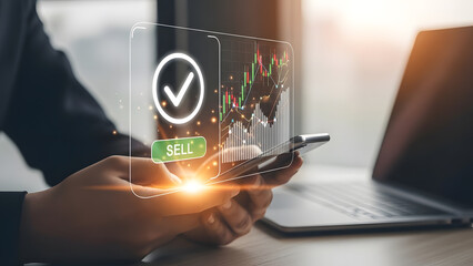 Stock sell finance market trading man smartphone laptop chart graph analysis profit growth investment economy trade professional data goal