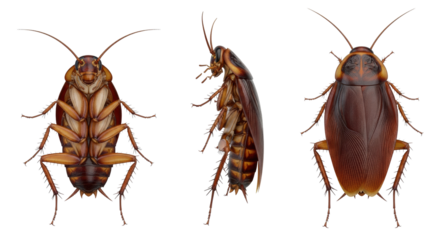 three hyper-detailed macro views of a brown adult cockroach showing segmented glossy exoskeleton and articulated legs, isolated on a transparent background, scientific study and reference concept