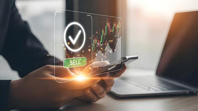 Stock sell finance market trading man smartphone laptop chart graph analysis profit growth investment economy trade professional data goal - Powered by Adobe