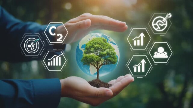 Hands Holding Globe with Tree and Icons.
