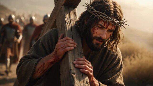 Jesus Christ carrying a heavy wooden cross while wearing a crown of thorns. The Passion of the Christ reenactment with Roman soldiers in the background. Good Friday and Easter concept
