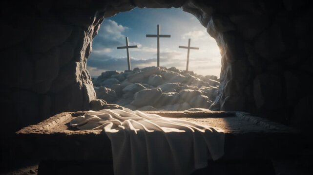 Empty tomb of Jesus with burial shroud and three crosses on the hill. Resurrection of Christ on Easter morning. Divine light rays streaming into the cave. Christianity and faith concept