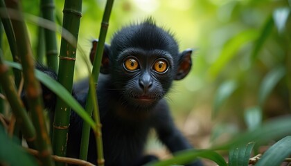 Obraz premium Tiny black monkey with big yellow eyes sits in bamboo forest. Young primate looks curious at camera among green leaves. Wild baby animal in natural habitat.