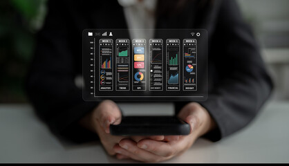 A weekly business performance report and analytics dashboard. A concept for tracking trends, KPIs, financial data, and insights over time. Motif