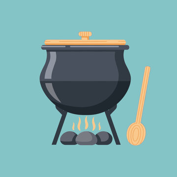 Pot with lid on fire and a wooden spoon next to it.