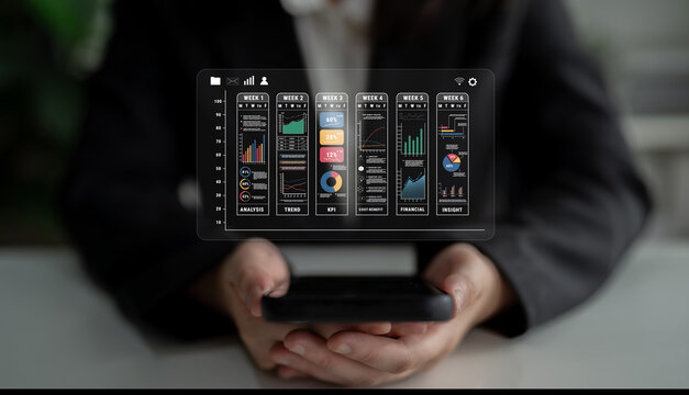 A weekly business performance report and analytics dashboard. A concept for tracking trends, KPIs, financial data, and insights over time. Motif - Powered by Adobe