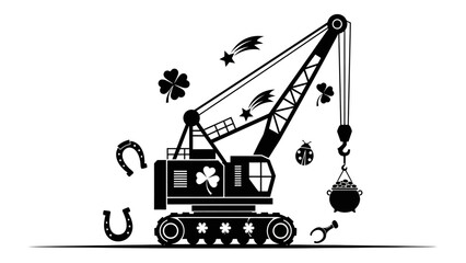 Lucky Excavator with Symbols, Industrial Site, Illustration, Graphic Design