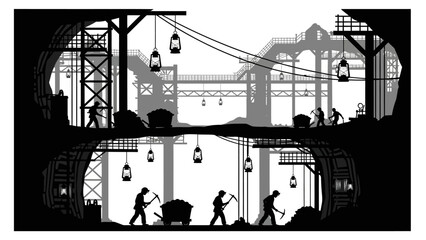 Workers in Underground Mine, Industrial Environment, Vector Illustration