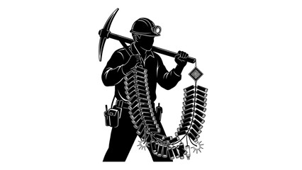 Mining Action, Worker, Underground Site, Illustration, Industrial Environment, Side View, Hard Work Concept