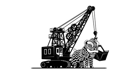 Crane Lifting Lion Graphic Art in Industrial Environment