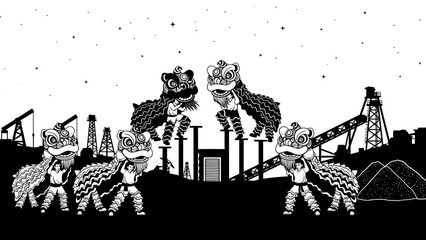 Action-Packed Lion Dance Performance at Urban Construction Site, Black and White Illustration