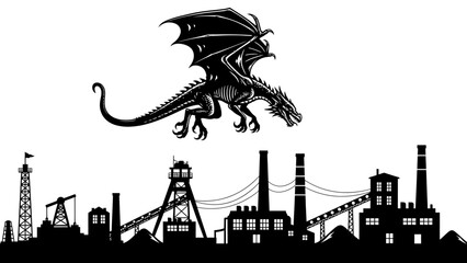 Epic Dragon Soars Over Industrial Landscape, Black and White Illustration of Fantasy Scene