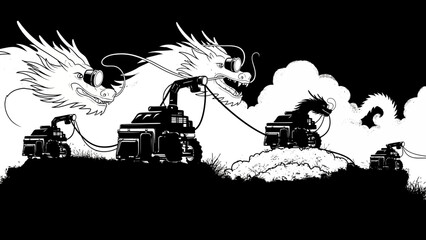 Dragons vs. Tanks in a Futuristic Landscape - Black and White Illustration
