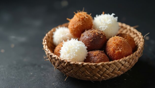 Coconut candies cocadas in wicker basket. White and brown sweets have shredded coconut coating. They are arranged on dark surface. Selective focus.