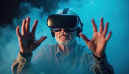 Elderly man uses virtual reality headset for gaming or education in smoky room. He explores digital world with hands raised, experiencing future tech. Senior person adopts modern innovation.