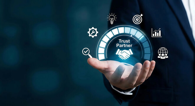 Trust partner business alliance concept with handshake icon and strategic growth symbols.