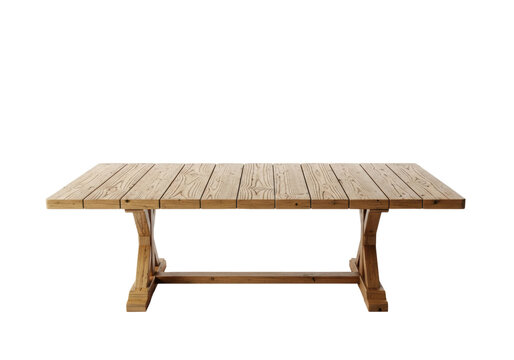 Rustic light brown wooden table featuring a sturdy trestle base and highly detailed natural plank grain, isolated against a transparent studio background with soft drop shadow, commercial