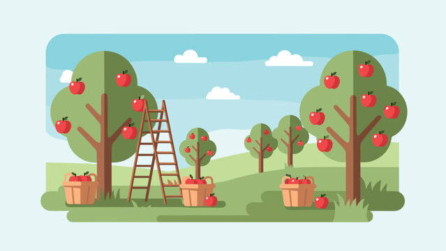 Colorful orchard scene with apple trees and harvest baskets in flat design