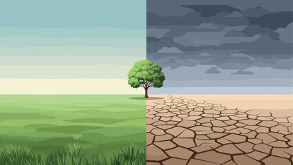 Conceptual design of climate change showing contrasting greenery and drought landscapes