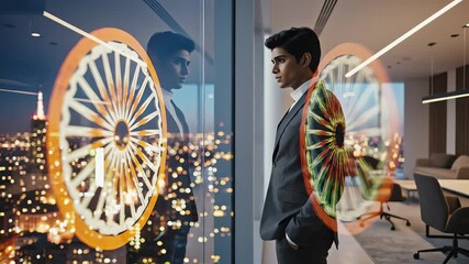 Young businessman contemplating city lights in modern office with holographic Ashoka Chakra overlay for global Indian market strategy concept and future vision - Powered by Adobe