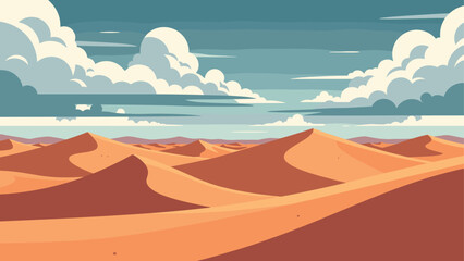 Vast desert landscape with rolling sand dunes and clouds in flat design style