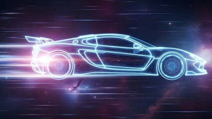 Neon Sports Car Speeding Through Dark Background.