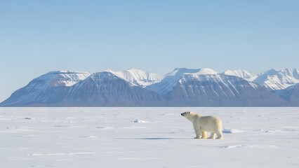 Polar bear in Arctic landscape with snowy mountains.