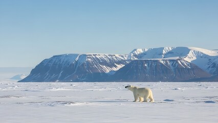 Polar bear on Arctic snow landscape with mountains.