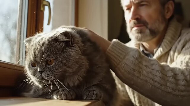 Man petting cat on windowsill, fostering strong human-animal relationships