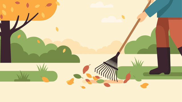 Autumn yard cleanup: person raking fallen leaves in a flat style landscape