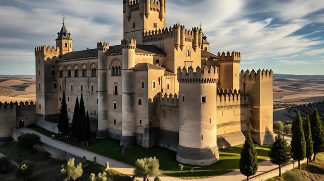  Majestic Castle Under a Blue Sky: An imposing stone castle stands proudly under a clear blue sky, its intricate architecture telling tales of history and power. This image invokes a sense of awe.
