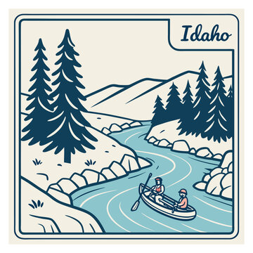 Idaho river rafting adventure badge with mountains and pine trees