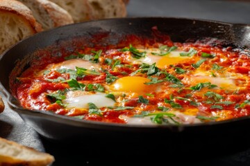 Fototapeta premium Pan cooking with vibrant eggs and herbs in a cast iron skillet on a rustic table setting